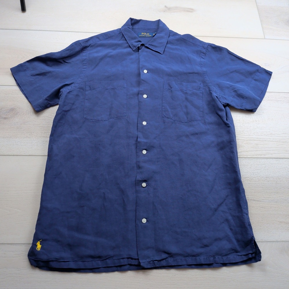 Polo Ralph Lauren Linen Silk Short Sleeve Button Down Shirt Mens M Navy Blue